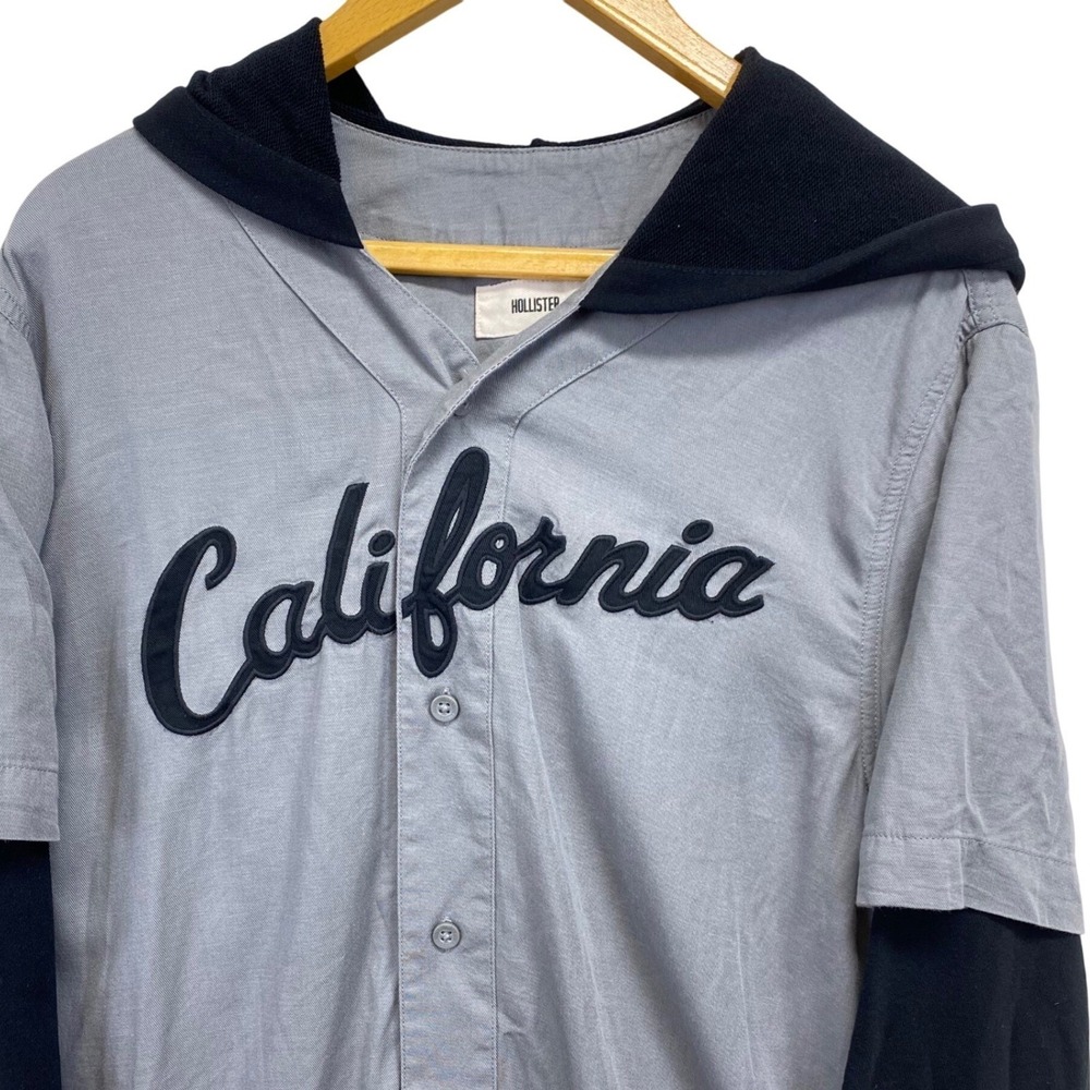 Hollister California Hoodie Baseball Jersey Gray Black Mens Size Med Long Sleeve
